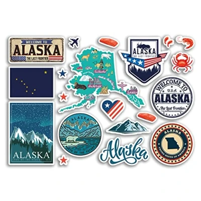 Image of A5 Sticker Sheet Alaska Landmarks Vinyl Stickers America States USA American Airport Stamps Skyline Flag Map Travel Holiday Scrapbooking City Luggage #79205