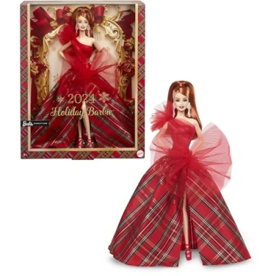 Image of Barbie 2024 Holiday Dolls, Seasonal Collector Toy, Signature, Plaid Gown with Red Bow, Displayable Packaging, Hair