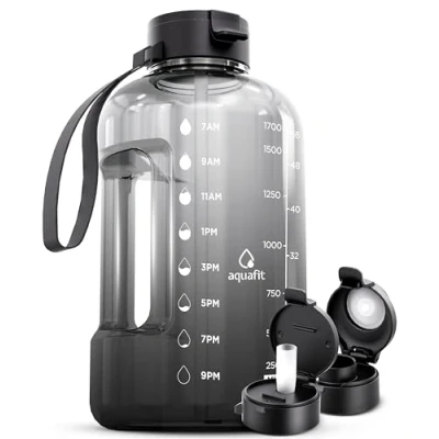 Image of AQUAFIT 2 Litre Water Bottle with Straw 2L Time Marker Half Gallon Big Large For Gym Gray Fade