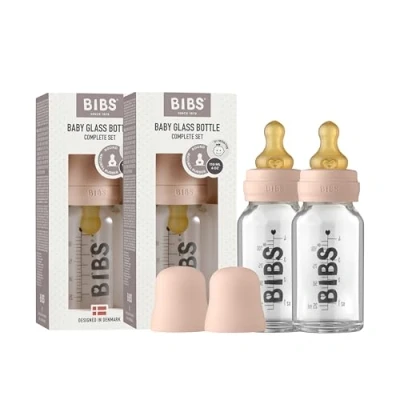 Image of BIBS Baby Glass Bottle 2 Pack 110ml. Anti Colic. Vented Round Natural Rubber Latex Nipple. Supports Breastfeeding, Complete Set 110 ml (Pack of 2), Blush