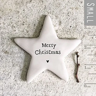 Image of East of India Tiny Porcelain Star Token with the words Merry Christmas, Festive Gift Token, Keepsake Gift,