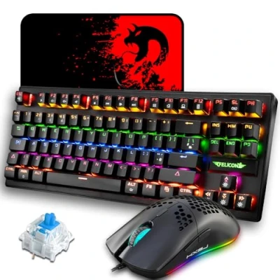 Image of EWEADN K2 Wired Gaming Keyboard Mouse Combo, TKL 80% Percent UK Layout Light Up Clicky Blue Switch Mechanical + 6400 DPI Ultra Honeycomb PC Mice Pad for Win/Mac Black