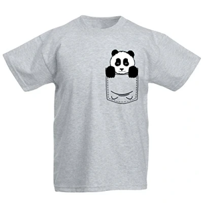 Image of Youth Kids Childrens Pocket Panda Bear Cute Animal Print T Shirt Heather Grey 9 11 Years (L)