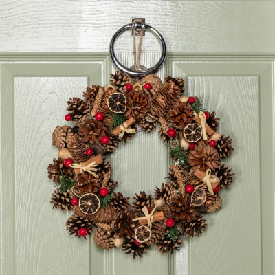 Image of 36cm Winter Spice Hanging Christmas Wreath with Pine Cones Red Berries &amp; Dried Fruit