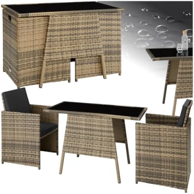 Image of TecTake® Rattan Bistro Set, 2 Chairs and 1 Table, Robust Steel Frame, Stainless Screws, Chic Design with Removable Cushions, Easy to Clean Glass Top, for Patio, garden, balcony natural