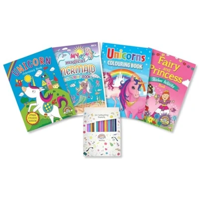 Image of Mermaid, Unicorn and Princess Colouring Books with Sticker Pencils or Felt Tip Pens (Pencils)