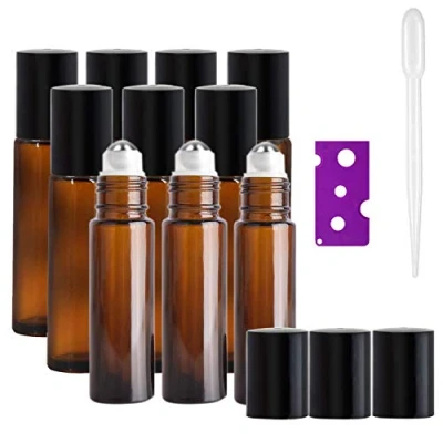 Image of JamHooDirect 10Pcs 10ml Essential Oils Roller Bottles, Refillable Amber Glass Roll on Bottles with Black Lids, Includes 12Pcs Stickers, 1 Dropper &amp; Opener Great for Aromatherapy, Fragrance