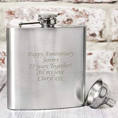 Image of Drinks Are On Me Steel 6oz Hip Flask Gift, Engraved Free With Your Message, Includes Gift Box &amp; Funnel