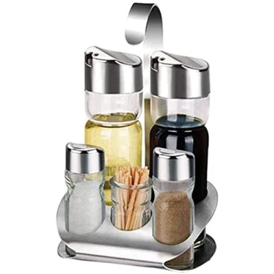 Image of Cruet Set with stand 5 piece, Oil Vinegar Salt Pepper Dispenser Set, Stainless Steel Kitchen Spice Bottles Cooking Tools