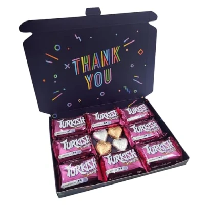 Image of Evelay Chocolate Thank You Gift Box Hamper Containing 8 x Frys Turkish Delight Bars 2 Milk Blue Foil Hearts Silver
