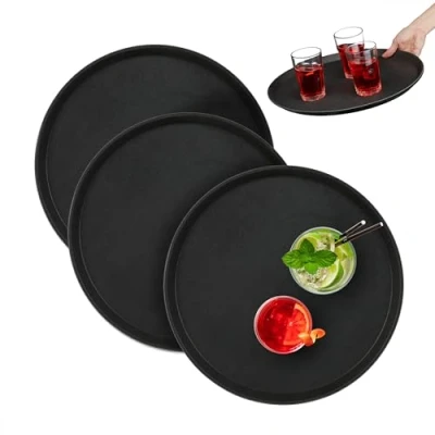 Image of Relaxdays Set of 3 Serving Tray, Round Ø 40 cm, Bar Drinks Plate, Non Slip Surface, Waiter&#039;s Catering, Versatile, Black