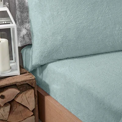 Image of Brentfords Teddy Fleece Fitted Bed Sheet Plain Thermal Warm Soft Cosy Luxury Bedding, Duck Egg Superking