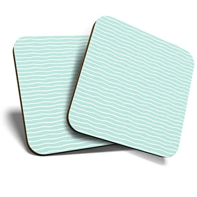 Image of Great Coasters (Set of 2) Square/Glossy Quality Coasters/Tabletop Protection for Any Table Type White &amp; Mint Green Wave Pattern #16704