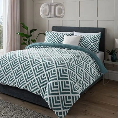 Image of Sleepdown Geo Jacquard Fleece Thermal Warm Cosy Super Soft Duvet Cover Quilt Bedding Set with Pillow Cases King (220cm x 230cm) Teal White