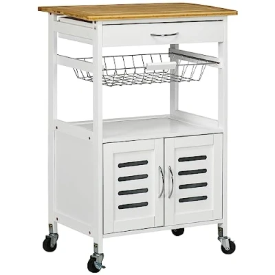 Image of HOMCOM Rolling Kitchen Island Trolley Utility Cart on Wheels with Bamboo Table Top, Storage Cabinet, Drawer and Wire Basket