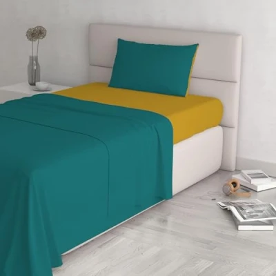 Image of Italian Bed Linen Natural Color Set (Flat 150x300, Fitted Sheet 90x200cm+Pillowcase 52x82cm), Petrol Bottle Green, 100% Cotton, ocher, SINGLE