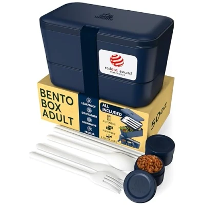 Image of Umami Lunch Box Containers w/ 4 Utensils, 2 Sauce Jars, Nestable Space Saving Bento Adult, 100% Leakproof, Microwavable for Adults, Red Dot Design Award Winner