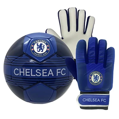 Image of Chelsea FC Official Size 4 Football &amp; Youths Goalkeeper Gloves Junior Gift Set