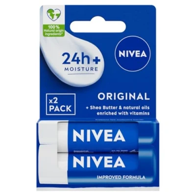 Image of NIVEA Original Care Duo Pack Lip Balm (2x 4.8g), Moisturiser Deeply Hydrates for 24h+, 100% Natural Origin Ingredients, Shea Butter, and Vitamins,