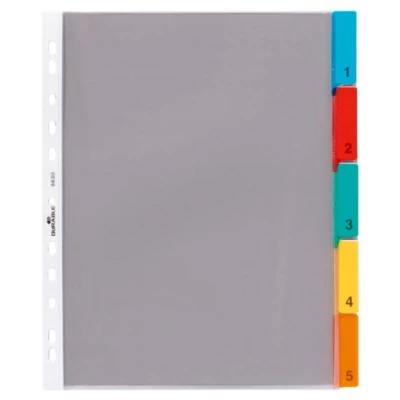 Image of Durable 5 Part File Dividers for Lever Arch Files and Ring Binders German Made Colour Coded Plastic Pocket Folder Wallets with 1 Numbered Card Tab Separators A4