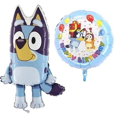 Image of Toyland® 2 Pack Bluey Balloons Round Happy Birthday Balloon 45.7cm (18&quot;) &amp; Large Shaped 81.3cm (32&quot;) Children&#039;s Party Decorations