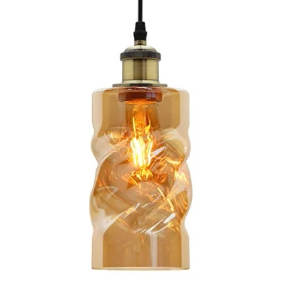 Image of Vintage Retro Antique Brass Pendant Light Gold Smoked Glass Ceiling Lamp Shade Twisted Cylinder M0230