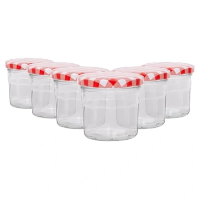 Image of Argon Tableware Glass Jam Jars with Airtight Red Gingham Lids 130ml Pack of 6 Empty Screw Top Kitchen Storage Jar for Food, Honey, Spice, Pickling, Preserving, Candle Making