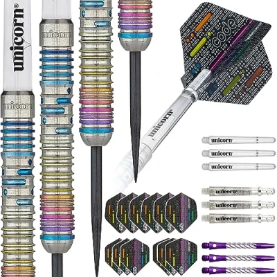 Image of Unicorn Steel Tip Darts Set Seigo &#039;The Ninja&#039; Asada Code Players DNA 90% Natural Tungsten Barrels with Multicolour Titanium Accents 23 g
