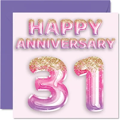 Image of Pretty 31st Anniversary Card for Wife Girlfriend Husband Boyfriend Pink Purple Glitter Balloons Happy 31 Cards from Family, 145mm x Greeting Thirty First Anniversaries