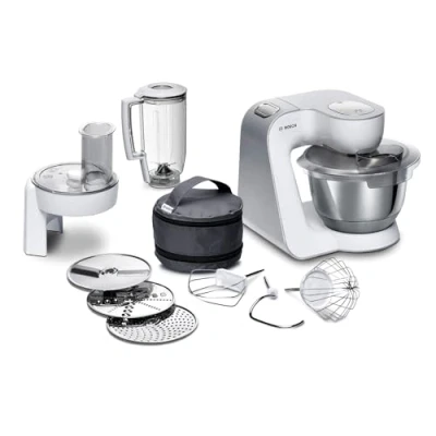 Image of Bosch Food Processor Series 4 MUM58W20, Stainless Steel Bowl 3.9 L, Mixer 1.25 Planetary Mixer, Dough Hook, Beater and Whisk Steel, Continuous Shredder, 3 Slices, 1000 W, White
