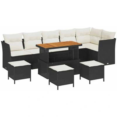 Image of vidaXL 10 Piece Garden Sofa Set with Cushions Black Poly Rattan Acacia