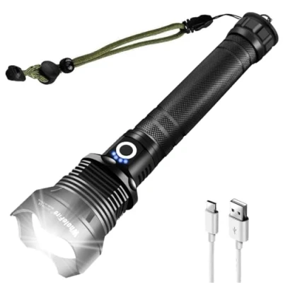 Image of WholeFire 90000 Lumens Rechargeable LED Torch, Powerful Super Bright XHP70.2 Torch Light USB High Power Waterproof Flashlights Zoom, 3 Modes with Indicator for Camping, Emergency