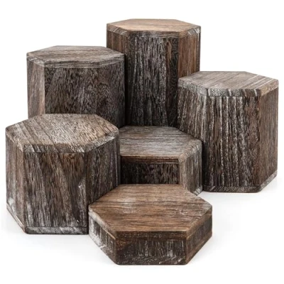 Image of BELLE VOUS 6 Pack of Vintage Brown Wooden Hexagon Display Risers Wood Showcase Stands for Shelves and Countertops Step Plinths Jewellery, Retail, Figures, Cupcakes Desserts