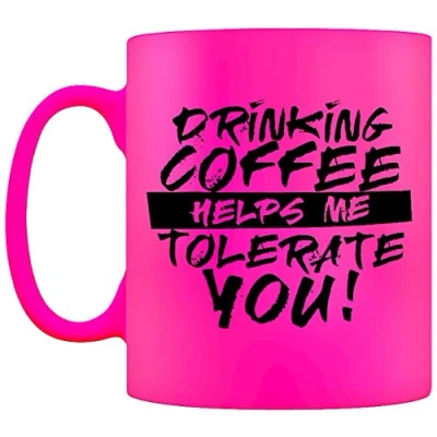 Image of Grindstore Drinking Coffee Helps Me Tolerate You Mug Pink Neon