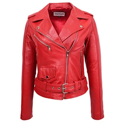 Image of Womens Real Leather Biker Jacket Brando Style Kate (14, Red)