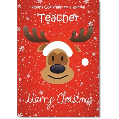 Image of doodlecards Teacher Christmas Card Rudolph on Red Background Large A4 Size for with Plain Envelope