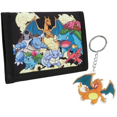 Image of Pokemon Wallet Kids Teenagers Anime Trifold Canvas with ID Pocket Coin Purse &amp; Keyring Pikachu Gift Set for Travel Outdoors Sports Gamer Gifts (Black/Multi)