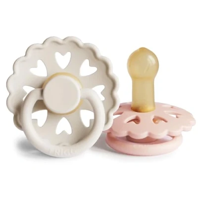Image of FRIGG Fairytale Latex Pacifier Pack of 2 Natural Rubber Soother Dummy BPA Free Made in Denmark Symmetrical Cherry Shaped Nipple (Cream/Blush, Size (6 18 Months))
