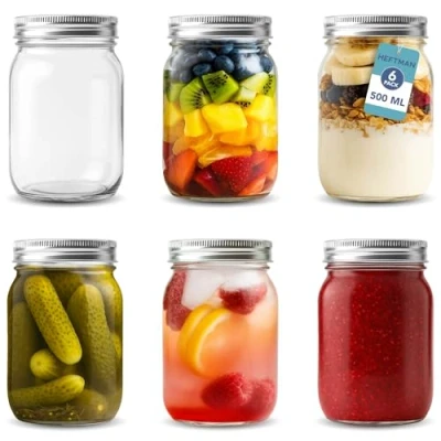 Image of HEFTMAN Glass Mason Jars with Lids Set of 6 500ml Air Tight for Overnight Oats, Homemade Jam Sturdy Lids, Pickling Jars, Preserving Baby Food Storage (500ml)