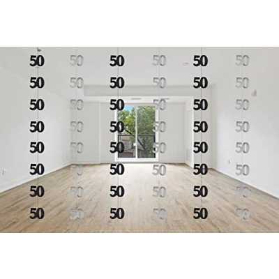 Image of SHATCHI Age Hanging String 13th 90th Glitz Anniversary Birthday Metallic Shiny Foil Banner Party Door Wall Decorations Pack of 6, Black and Silver, one