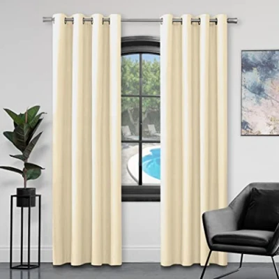 Image of GC GAVENO CAVAILIA Faux Silk Eyelet Curtains For Living Room, 100% Polyester Ring Top Fully Lined Drapes, Cream, 90x90 Inch