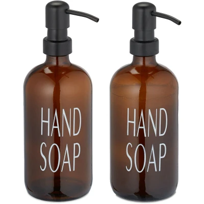 Image of Relaxdays Glass Soap Dispenser, Set of 2, Stainless Steel Pump Head, Refillable, Bathroom, Kitchen, 500 ml, Brown