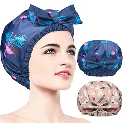 Image of 2 PCS Waterproof Shower Caps, Oversized Adjustable Hair Cap with Bow Knot for Women, Reusable Double Layer Bathing Shower, Spa, Makeup, Design All Lengths/Style