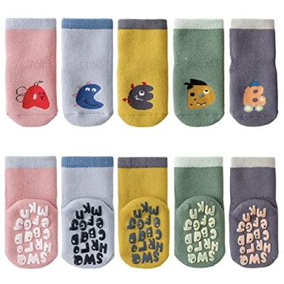Image of FedMois 5 Pairs Baby Kids Cozy Warm Winter Socks Anti slip Infant Toddler Thermal Crew Socks, letters, 0 1 Year