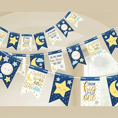 Image of Amscan 122152 Twinkle Little Star Baby&#039;s Birthday Party Pennant Banner &amp; Ribbon 4.57m