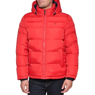 Image of Tommy Hilfiger Men&#039;s Hooded Puffer Jacket Down Alternative Coat, Orange Burst, M