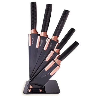 Image of Kitchen Knife Block Set Copper 5 Piece with Knives Clear Acrylic Stainless Steel Blades by Nuovva