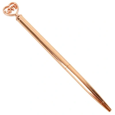 Image of Rose Gold Barrel Pen With Love Heart Top Design, Black Ink Ballpoint Stylish Womens Writing Stationery