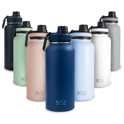 Image of BOZ Stainless Steel Water Bottle 1l, Insulated Bottle, Wide Mouth BPA Free 1 Litre Vacuum Double Wall Metal Dark Blue