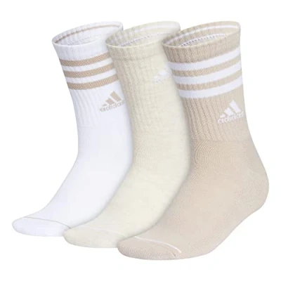 Image of adidas Women&#039;s 3 Stripe Crew Socks (3 Pair) with Arch Compression, Wonder Beige/White/Alumina Heather, M (Pack of 3)